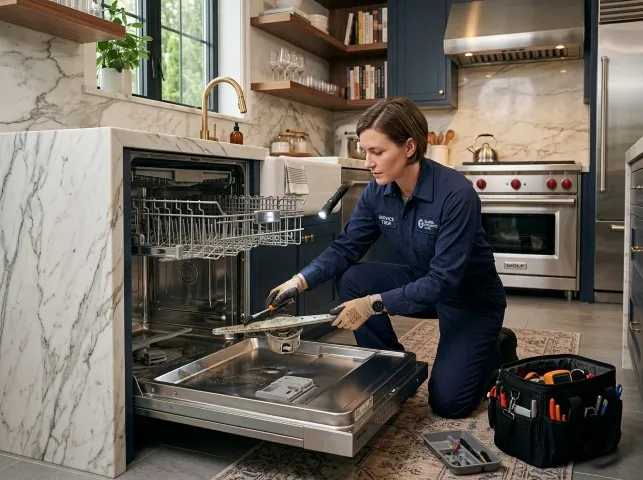 Appliance Repair Hero technician servicing a built-in dishwasher in a Boyne City, MI kitchen