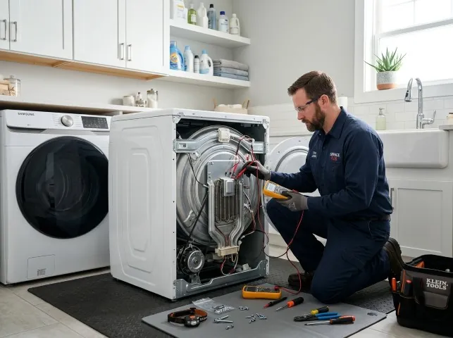 Appliance Repair Hero technician checking a dryer heating element with the rear panel off in Boyne City, MI