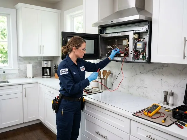 Appliance Repair Hero technician testing an over-the-range microwave in a Boyne City, MI kitchen