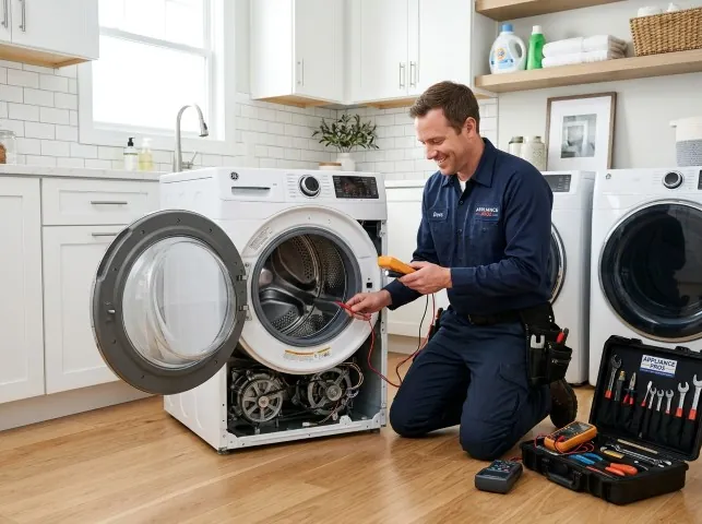 Appliance Repair Hero technician testing a front-load washer with a multimeter on a Boyne City, MI service call